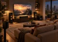 Sistem Home Cinema modern cu televizor, boxe surround și subwoofer într-un living