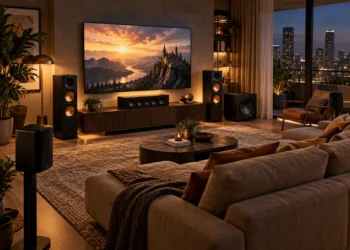 Sistem Home Cinema modern cu televizor, boxe surround și subwoofer într-un living