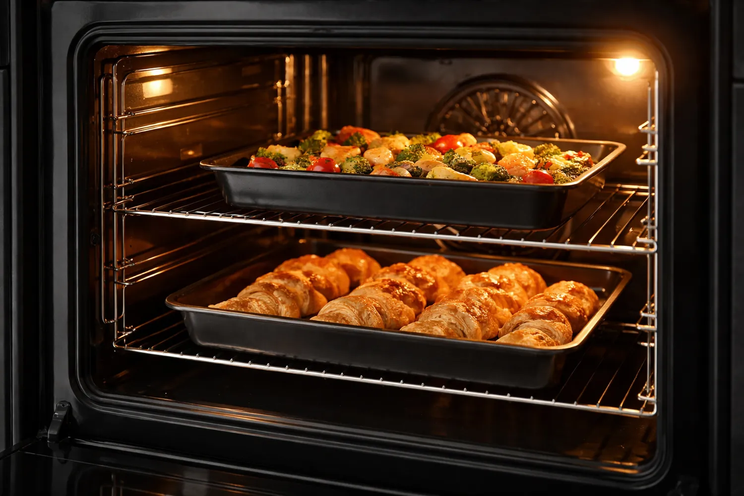 Cuptor incorporabil cu tavi asezate pe mai multe niveluri pentru gatire uniforma