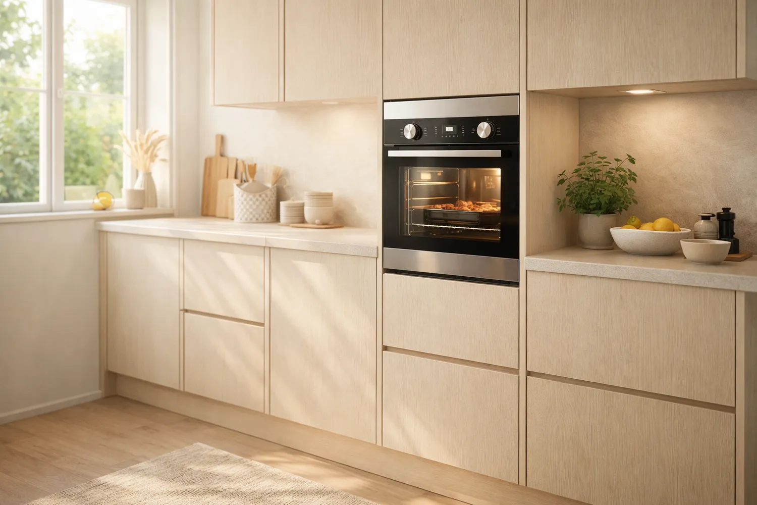 Cuptor incorporabil montat intr-o bucatarie luminoasa
