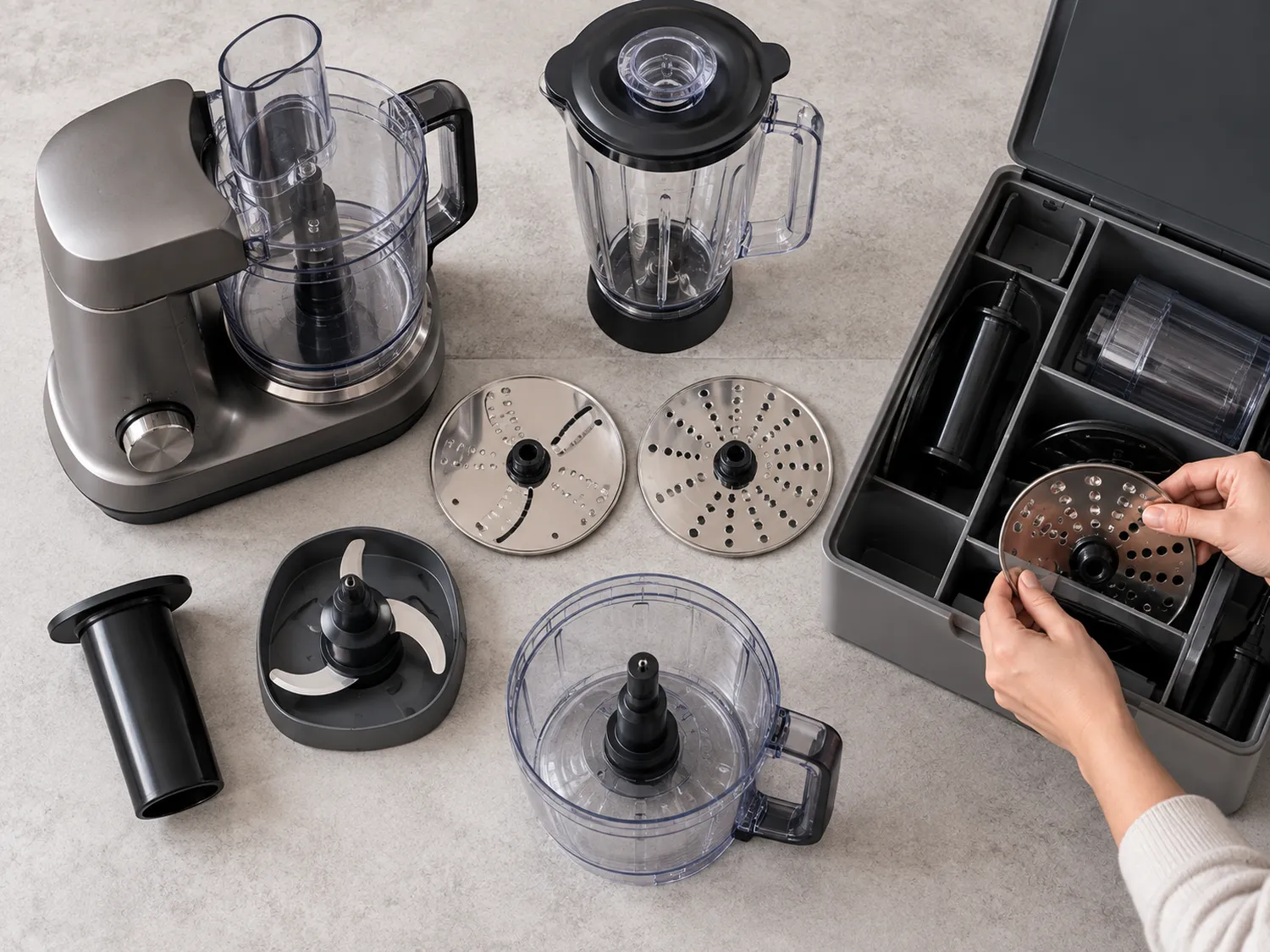 Accesorii pentru un robot de bucătărie multifuncțional Robot de bucătărie multifuncțional cu discuri, lamă și recipient de blender organizate pe blat