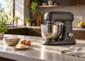 Robot de bucătărie planetar cu bol din inox, alături de ingrediente pentru pâine și prăjituri