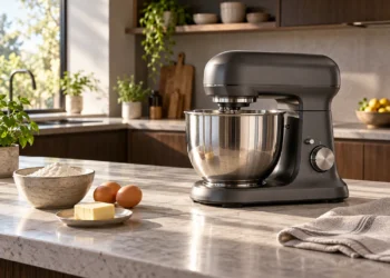 Cel mai bun robot de bucătărie 2 Robot de bucătărie planetar cu bol din inox, alături de ingrediente pentru pâine și prăjituri