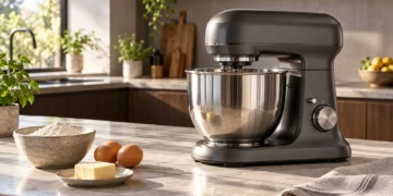 Robot de bucătărie planetar cu bol din inox, alături de ingrediente pentru pâine și prăjituri