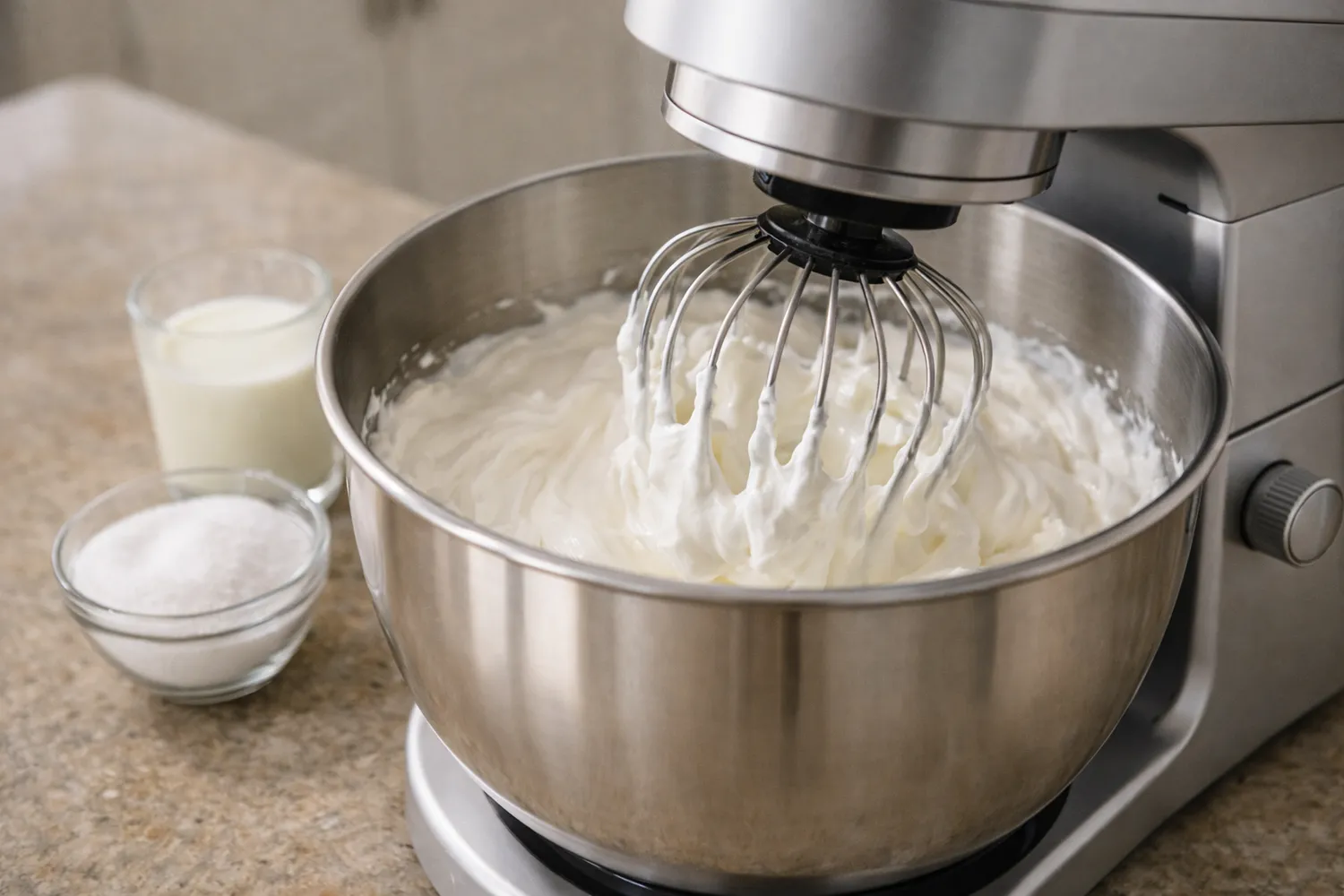 Detaliu mixer cu bol care bate frișcă densă