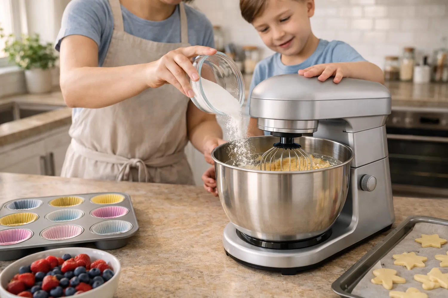 Familie care coace împreună folosind un mixer cu bol