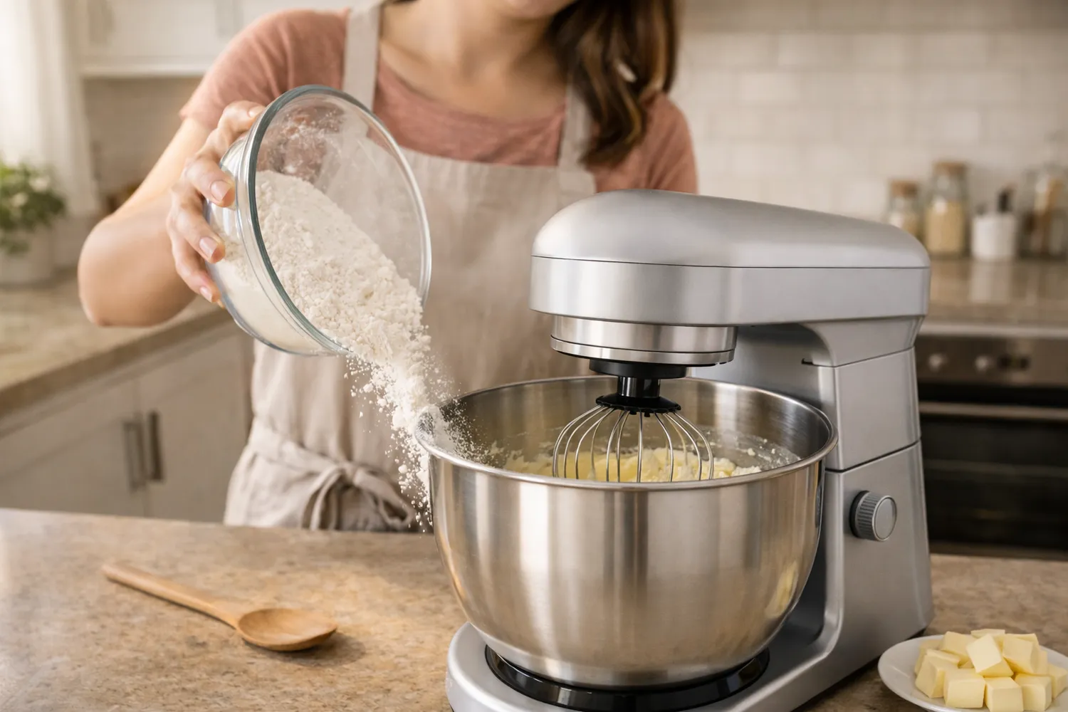 Femeie folosind mixer cu bol pentru aluat de prăjituri