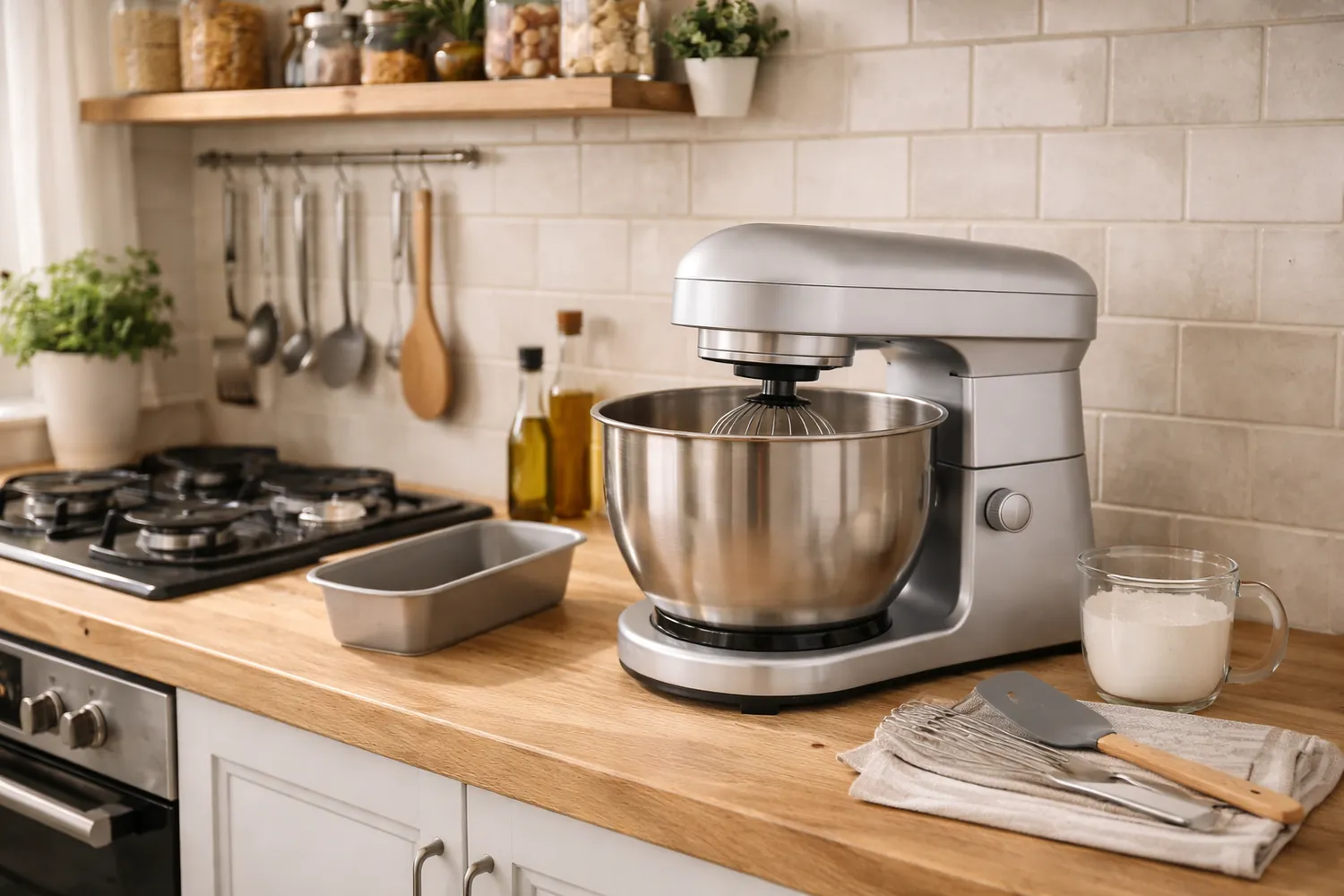 Mixer cu bol compact într-o bucătărie mică de apartament