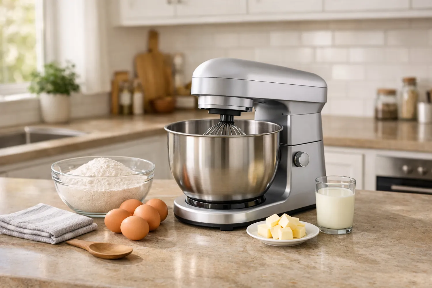 Mixer cu bol pe blat de bucătărie cu ingrediente pregătite