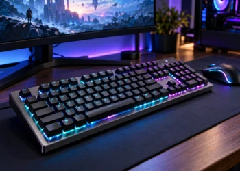 Cea mai bună tastatură pentru gaming 2 Tastatură mecanică de gaming cu iluminare RGB pe birou modern, alături de mouse și monitor pentru jocuri