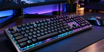 Tastatură mecanică de gaming cu iluminare RGB pe birou modern, alături de mouse și monitor pentru jocuri