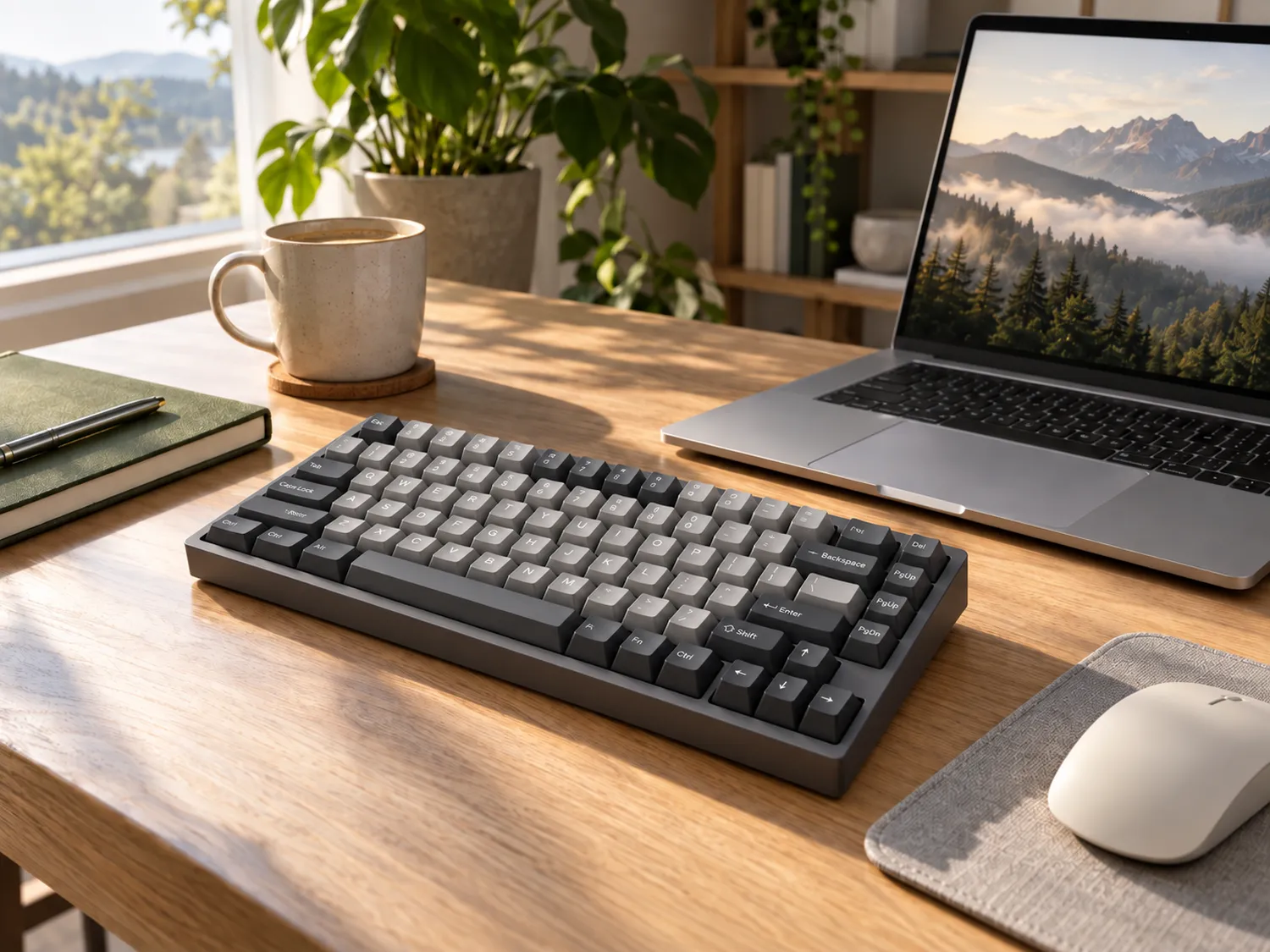 Tastatură mecanică wireless compactă 75% pe un birou modern, alături de laptop și accesorii pentru gaming și productivitate