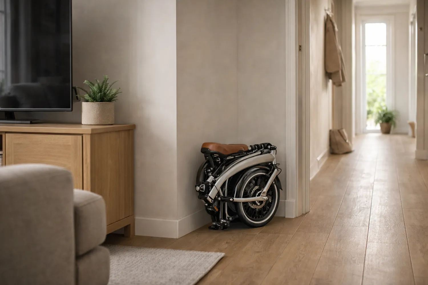 Bicicletă pliabilă depozitată compact în apartament
