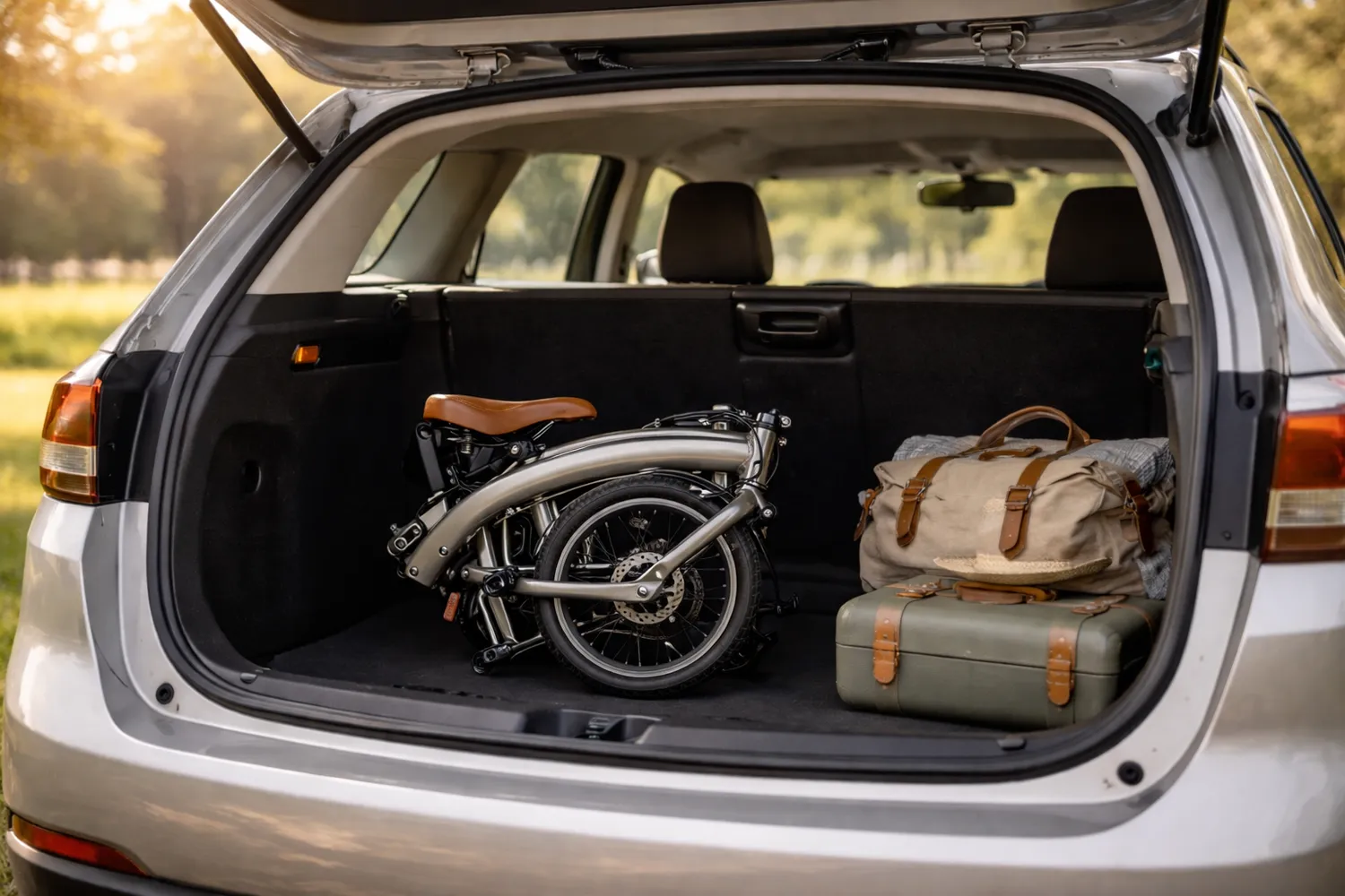 Bicicletă pliabilă în portbagaj pentru escapade de weekend