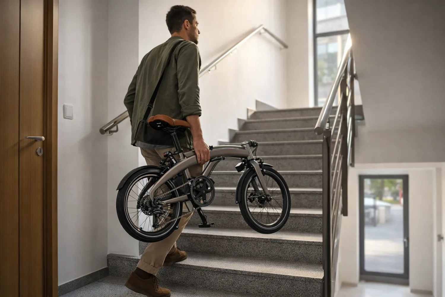 Bicicletă pliabilă transportată ușor pe scări