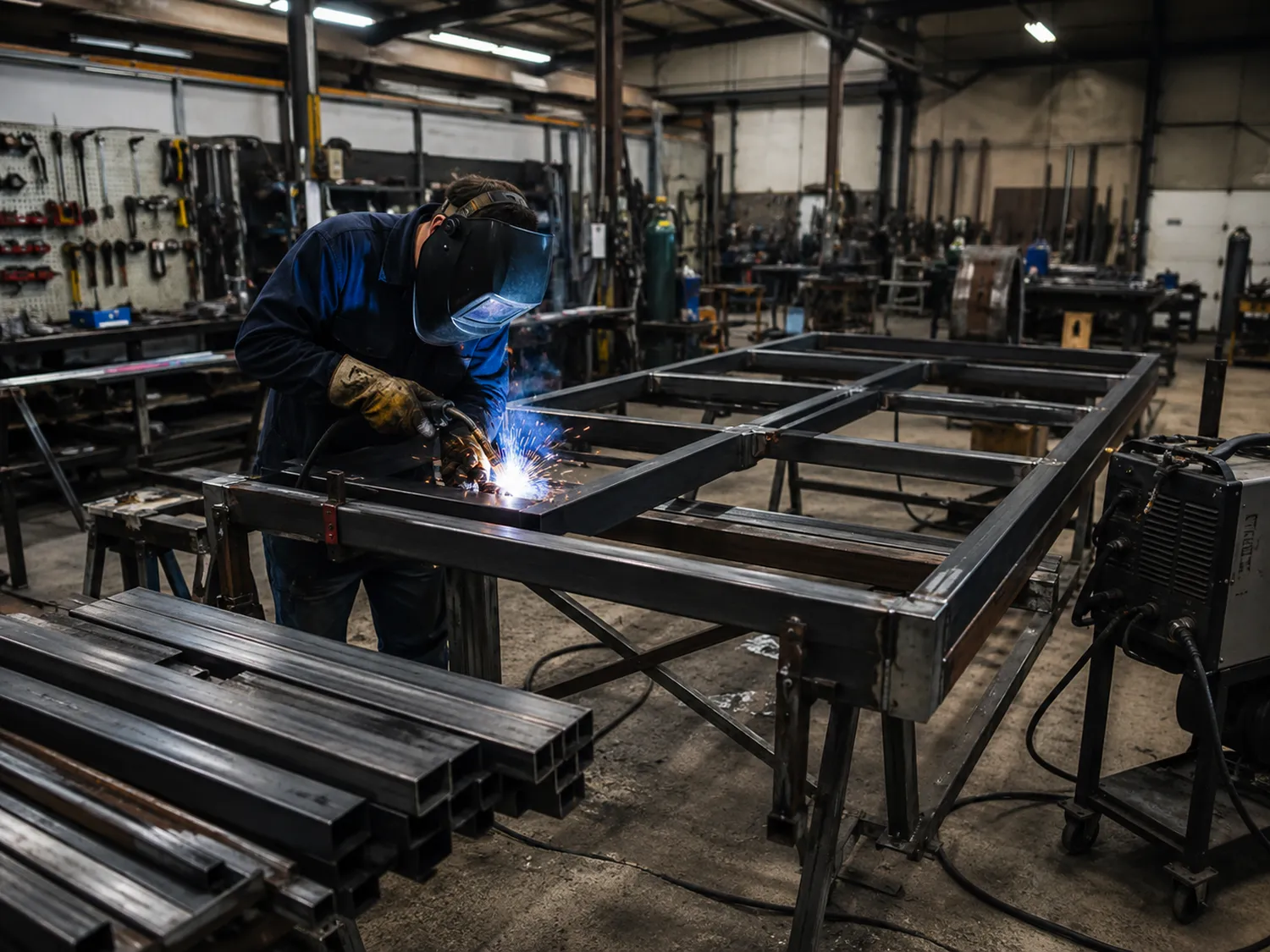 Atelier mic cu sudor profesionist și structură metalică în lucru Atelier mic cu sudor profesionist și structură metalică în lucru