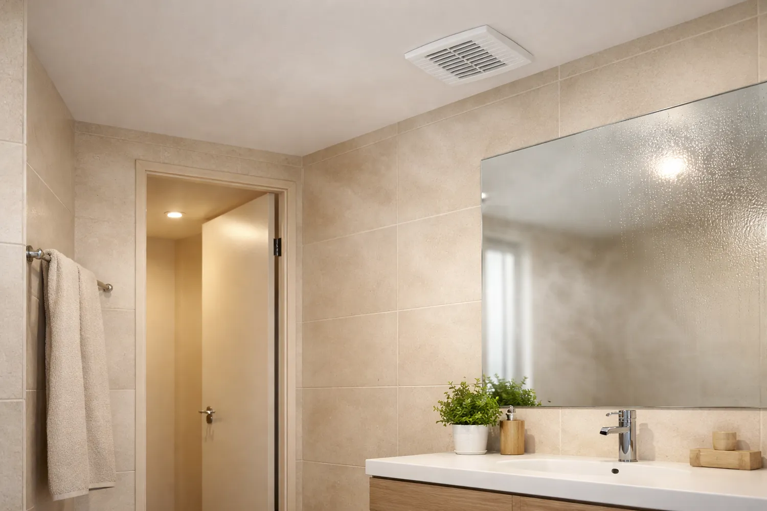 Ventilator de baie într-o baie fără geam, cu abur redus și aer proaspăt după duș