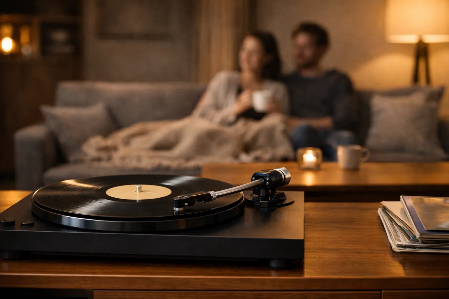 Ascultare de viniluri la pick-up în living