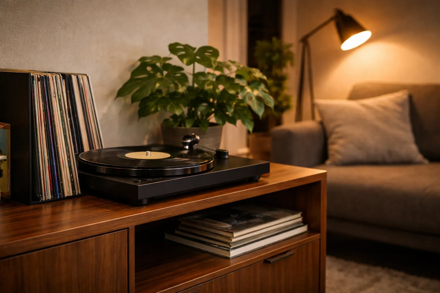 Colț de audiție cu pick-up și colecție de viniluri