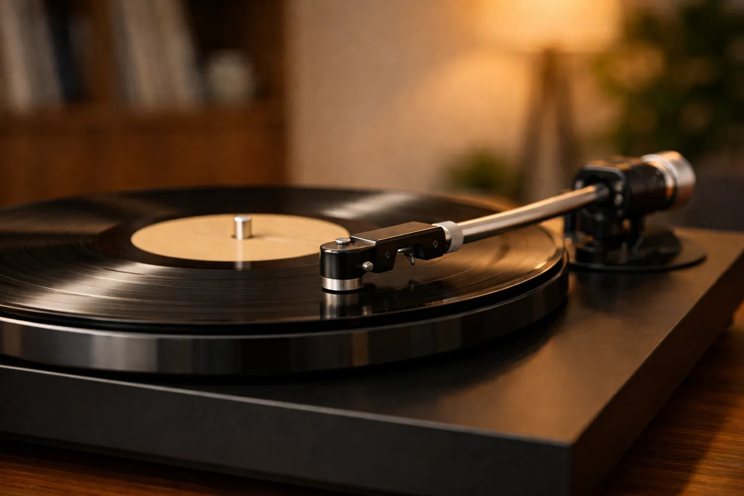 Detaliu braț și disc de vinil pe pick-up