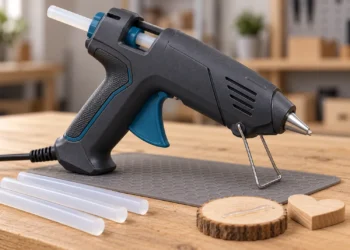 Pistol de lipit cu silicon electric, cu batoane de adeziv termofuzibil, pentru bricolaj și reparații casnice.