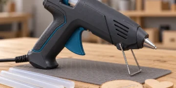Pistol de lipit cu silicon electric, cu batoane de adeziv termofuzibil, pentru bricolaj și reparații casnice.