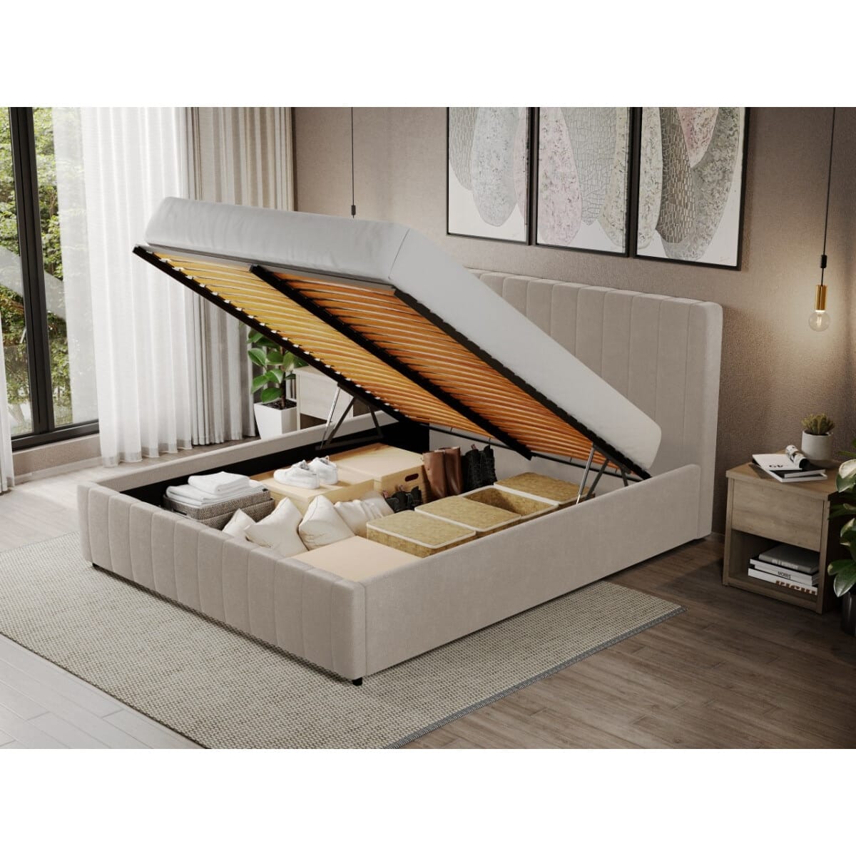 Pat dublu tapitat Maldive, cadru lemn si pal, cu somiera rabatabila si lada depozitare Pat dublu tapitat Maldive, cadru lemn si pal, cu somiera rabatabila si lada depozitare