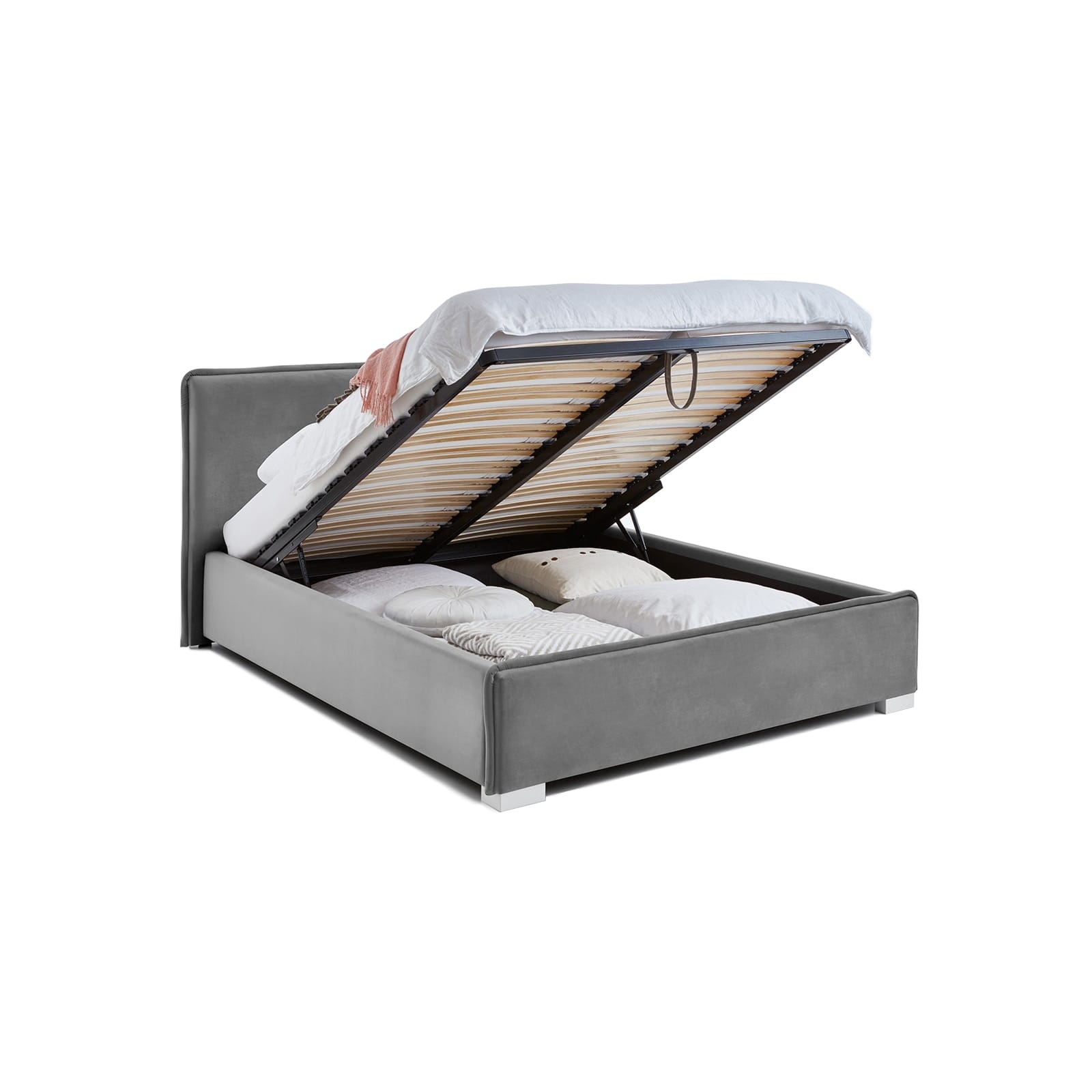 Pat Tapitat Prestige Nice cu somiera rabatabila si lada de depozitare, Tapiterie din Catifea Pat Tapitat Prestige Nice cu somiera rabatabila si lada de depozitare, Tapiterie din Catifea