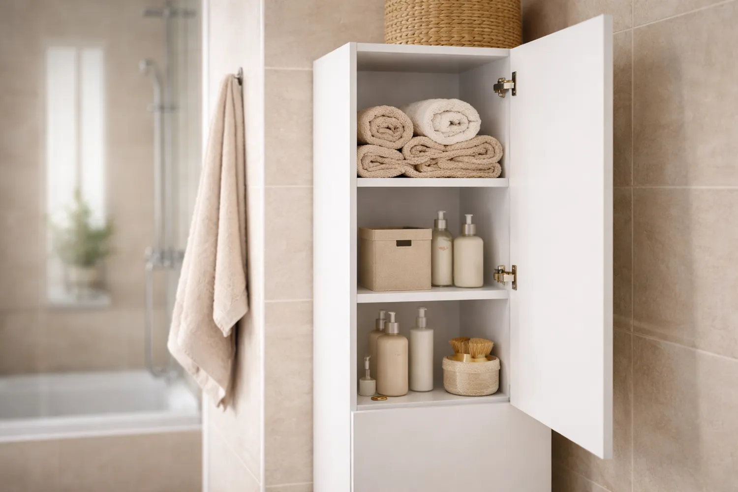 Dulap coloană baie – depozitare verticală pentru prosoape si cosmetice