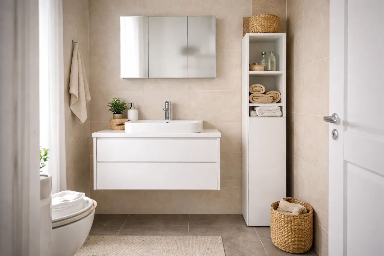 Dulap pentru baie mică – soluție suspendată și dulap de perete