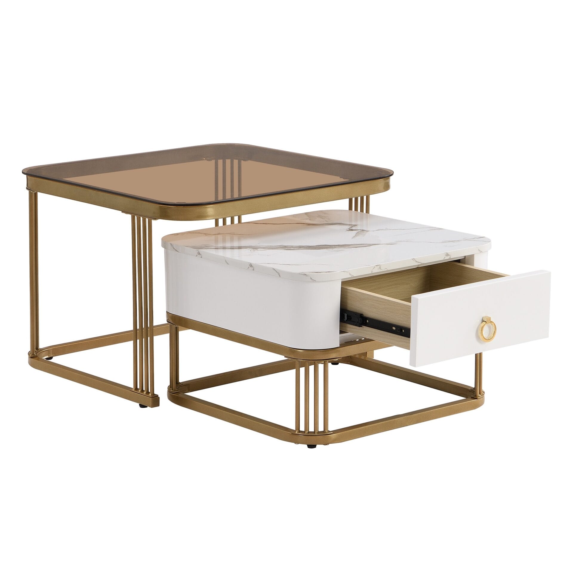 Set de Măsuțe de Cafea Suprapozabile din Marmură Lucioasă și Sticlă cu Detalii Aurii și Sertare
