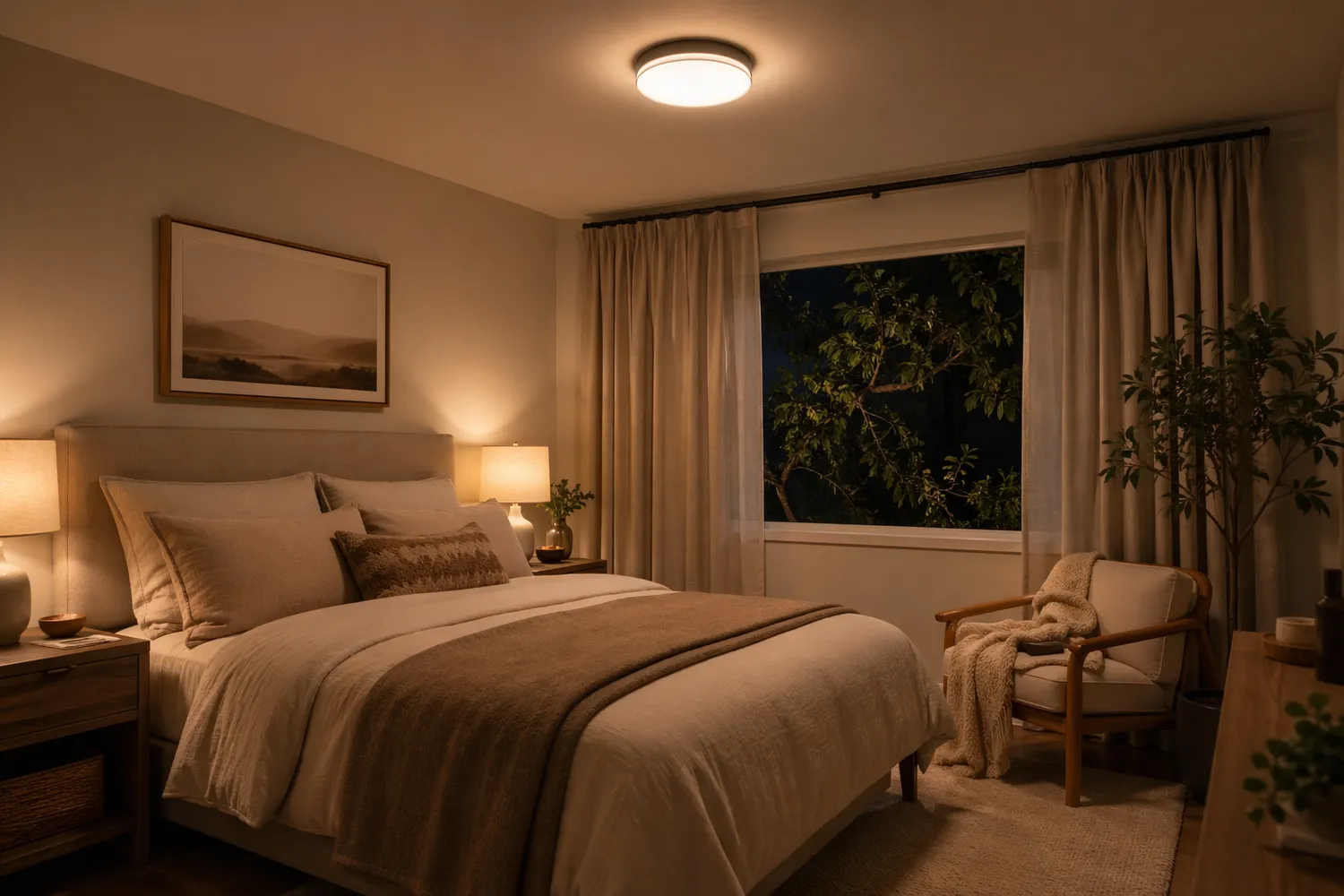 Lumină caldă într-un dormitor confortabil