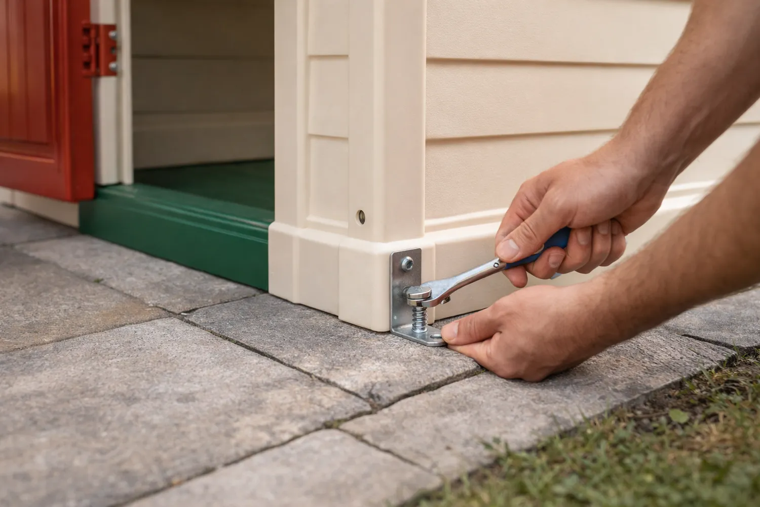 Montaj căsuță de joacă bază plană și ancorare pentru stabilitate