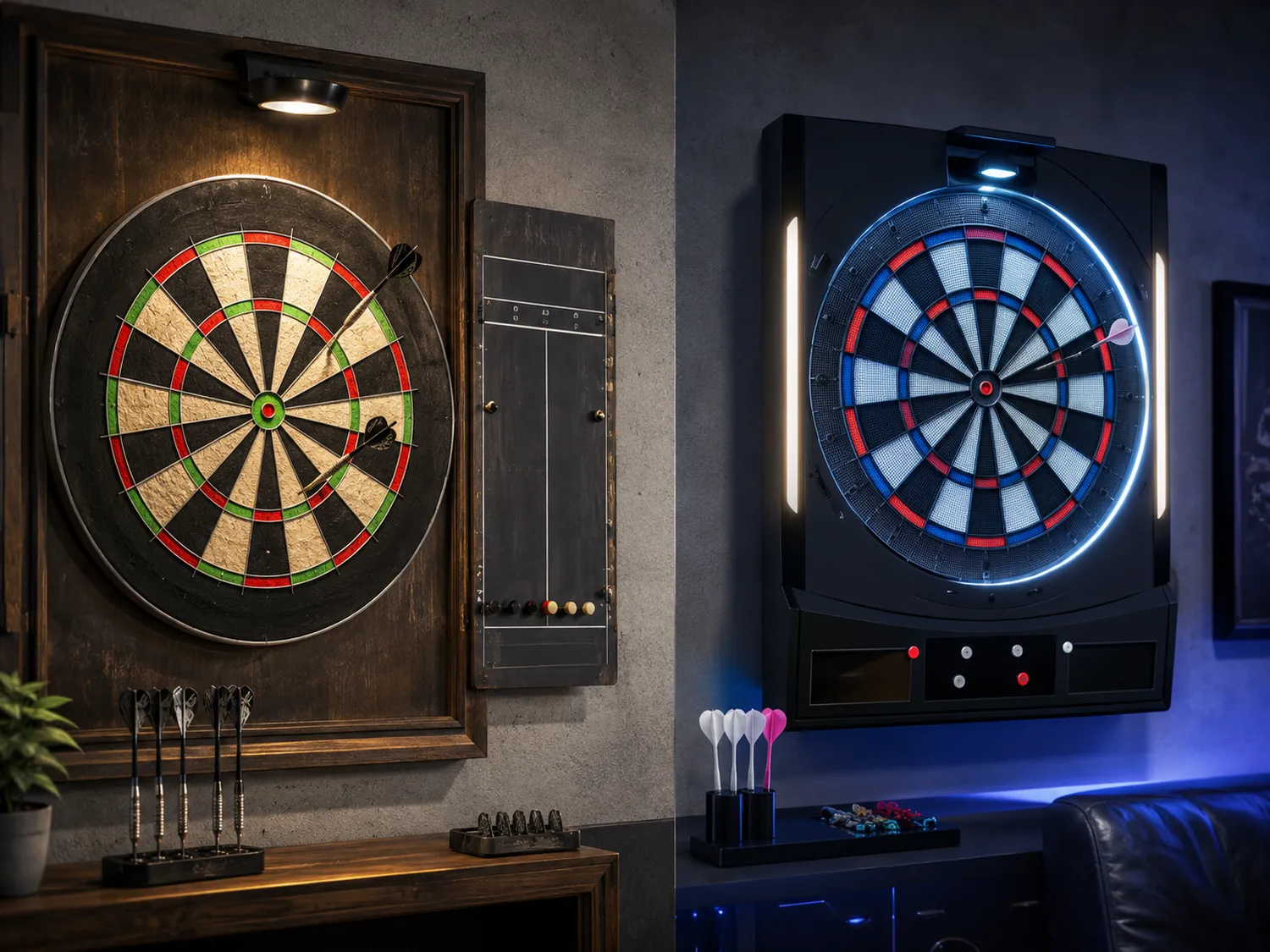 Tablă de darts din sisal comparată cu un model electronic Tablă de darts din sisal comparată cu un model electronic
