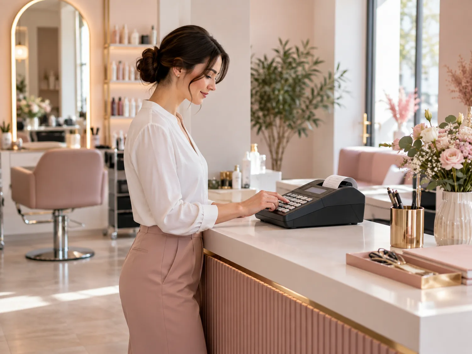 Recepționeră care utilizează o casă de marcat pe tejgheaua compactă a unui salon.