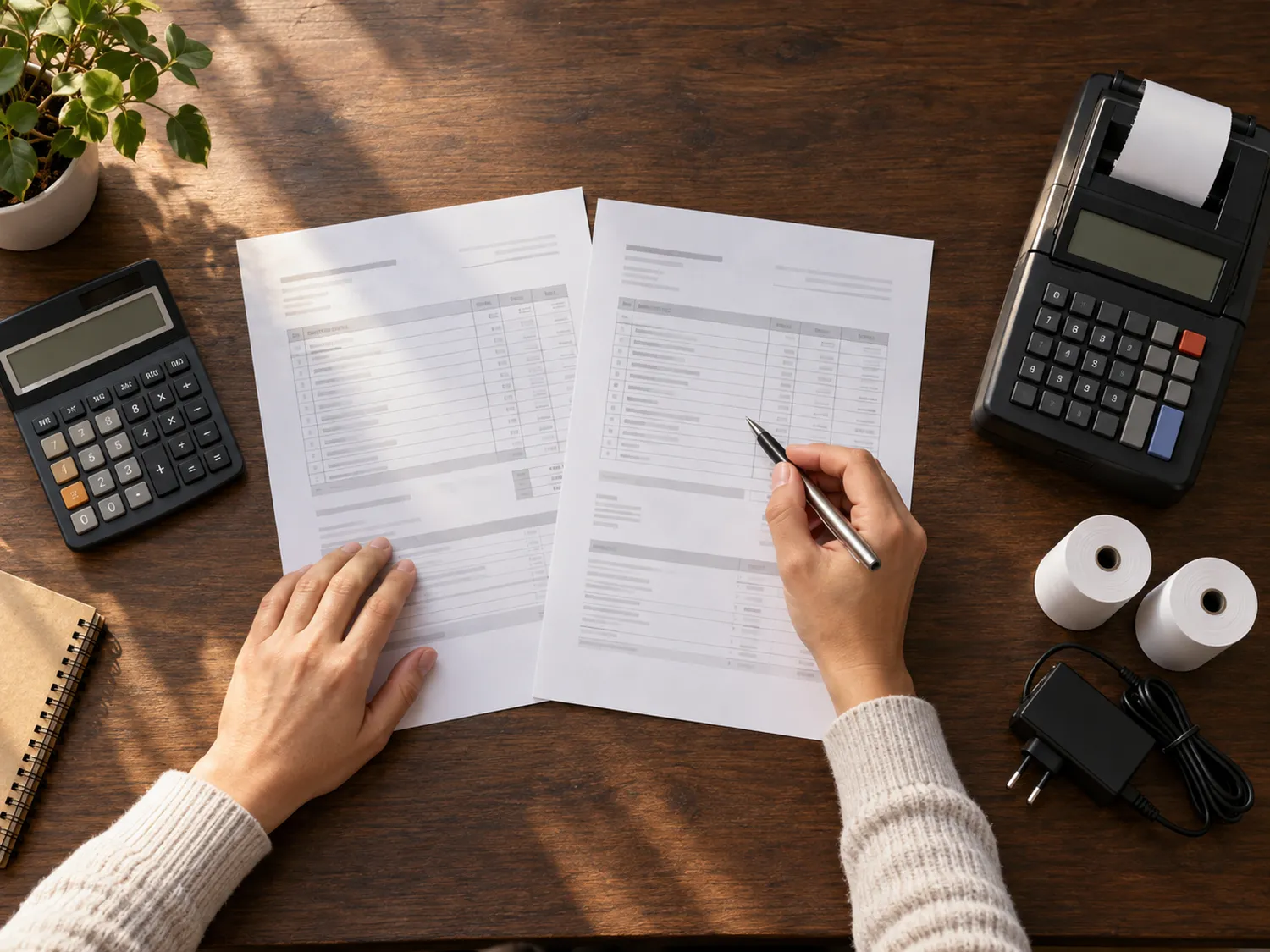 Antreprenor care compară oferte lângă o casă de marcat, un calculator de birou și role de hârtie