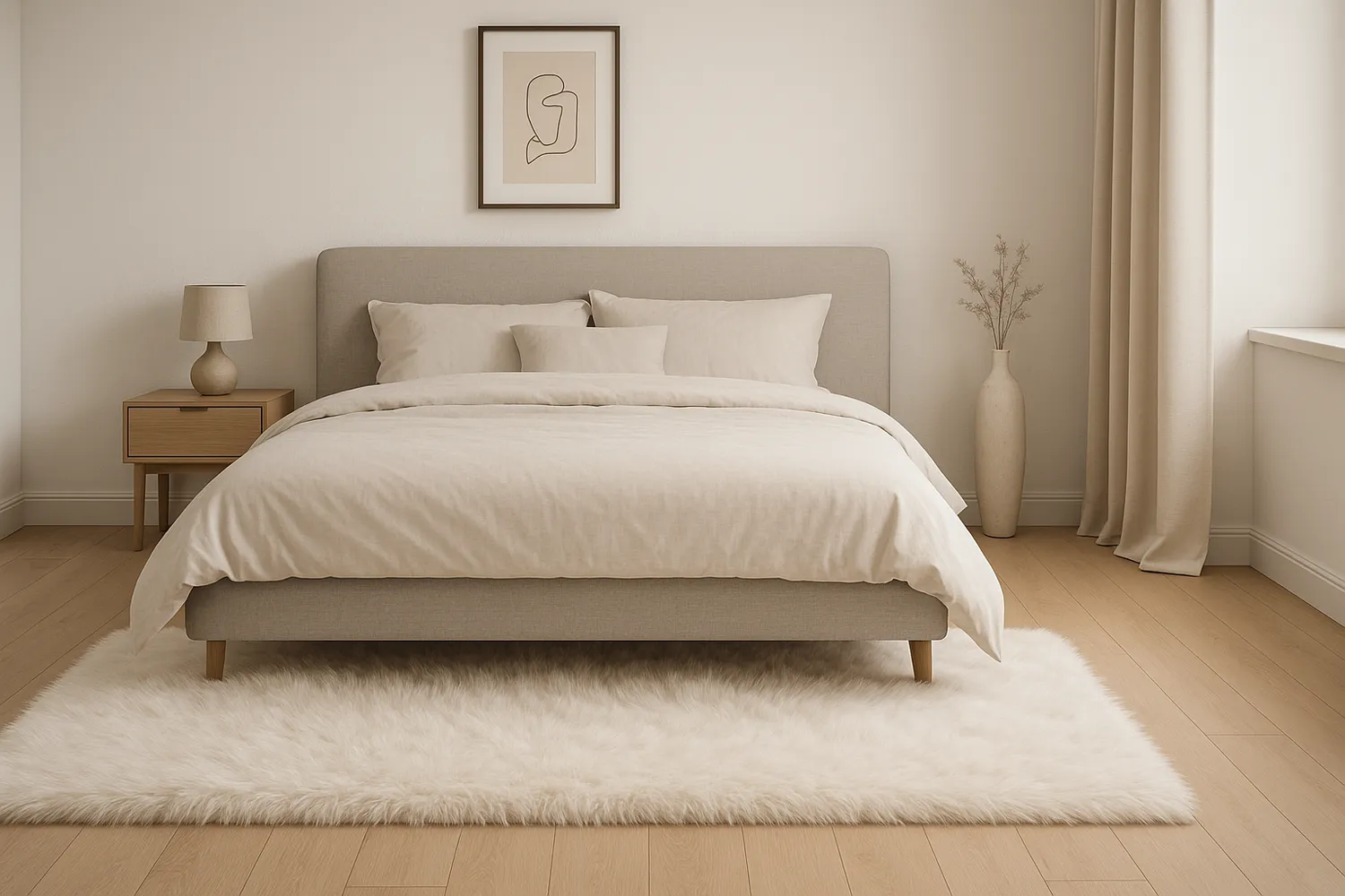 Design interior elegant cu covor pufos în dormitor modern Design interior elegant cu covor pufos în dormitor modern