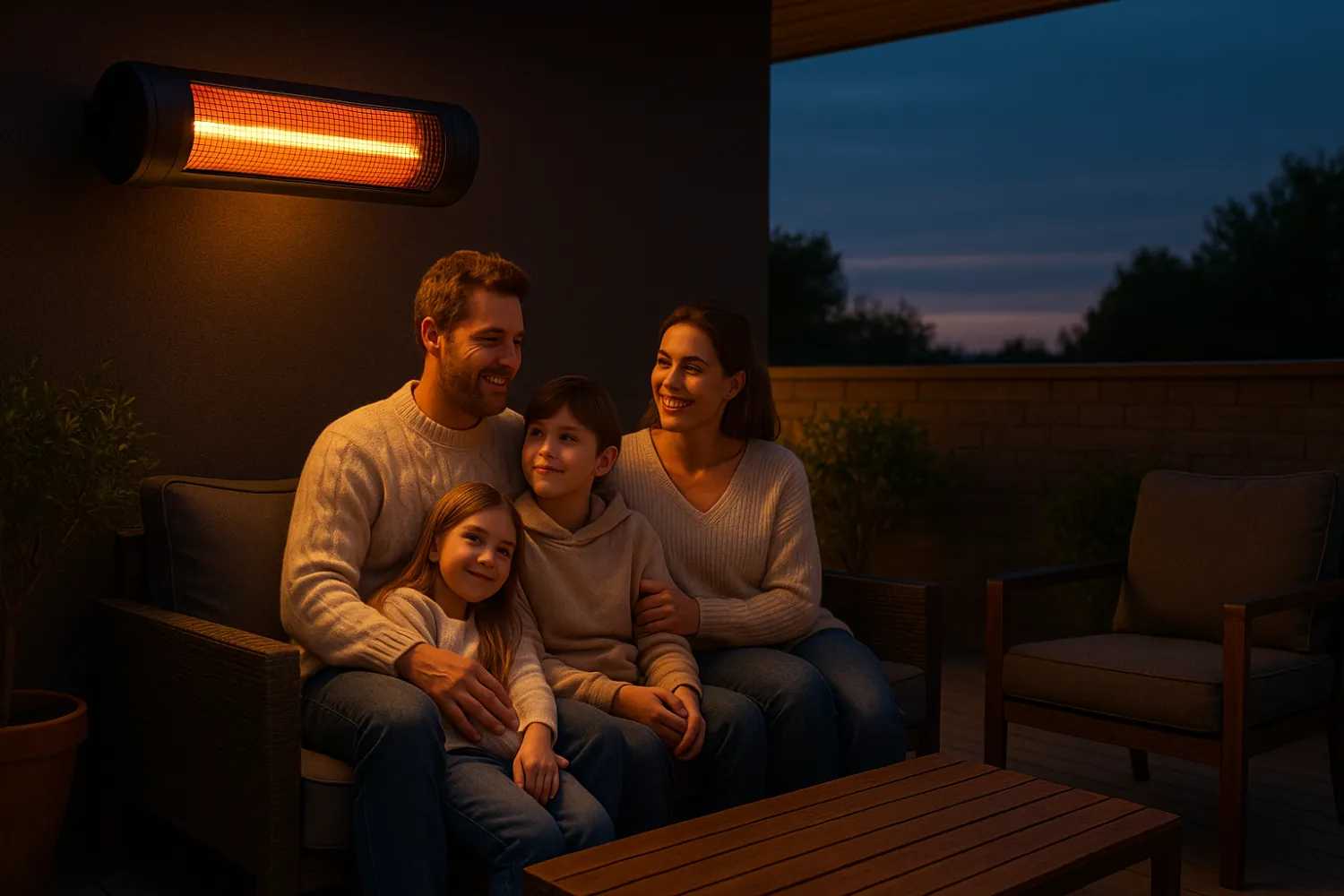 Radiator cu infraroșu pe terasă confort termic în serile răcoroase Radiator cu infraroșu pe terasă confort termic în serile răcoroase