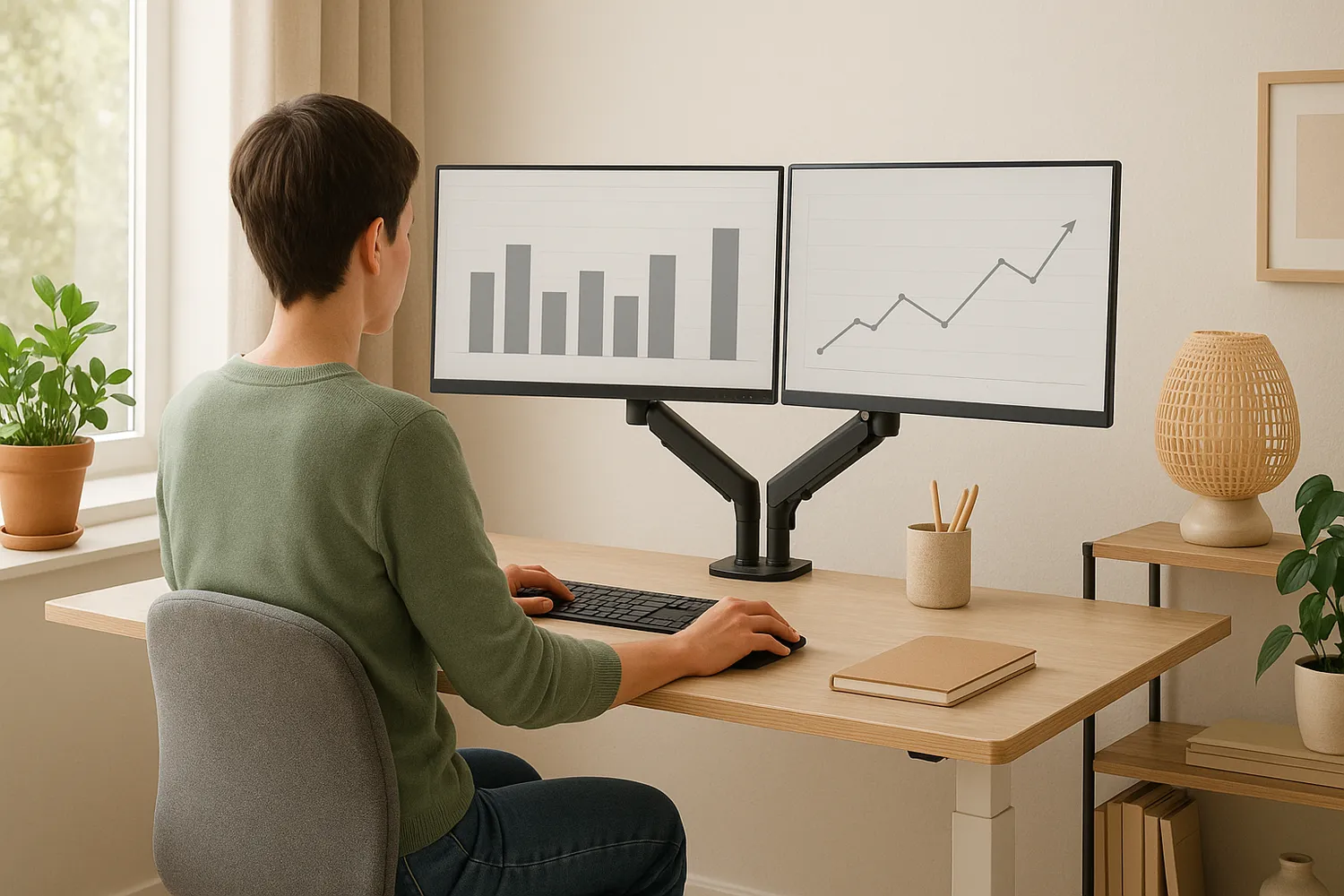 Setup ergonomic cu birou reglabil pentru home office Setup ergonomic cu birou reglabil pentru home office