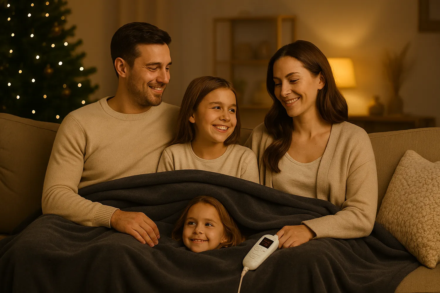Familie folosind pătură electrică în living