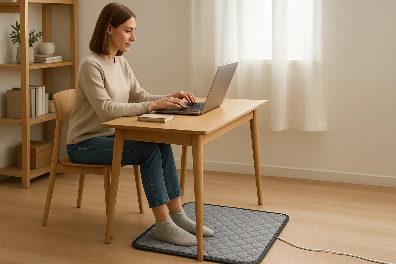 Covor electric încălzitor folosit sub birou pentru muncă de acasă