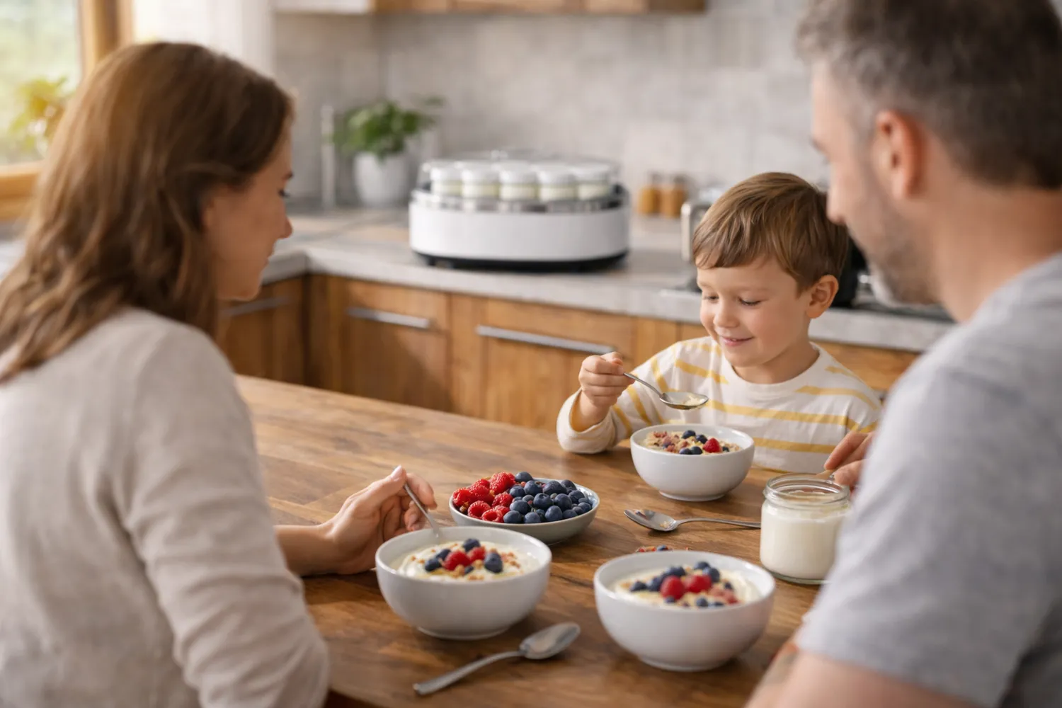 Aparat de făcut iaurt pentru familie – mic dejun cu iaurt de casă și fructe