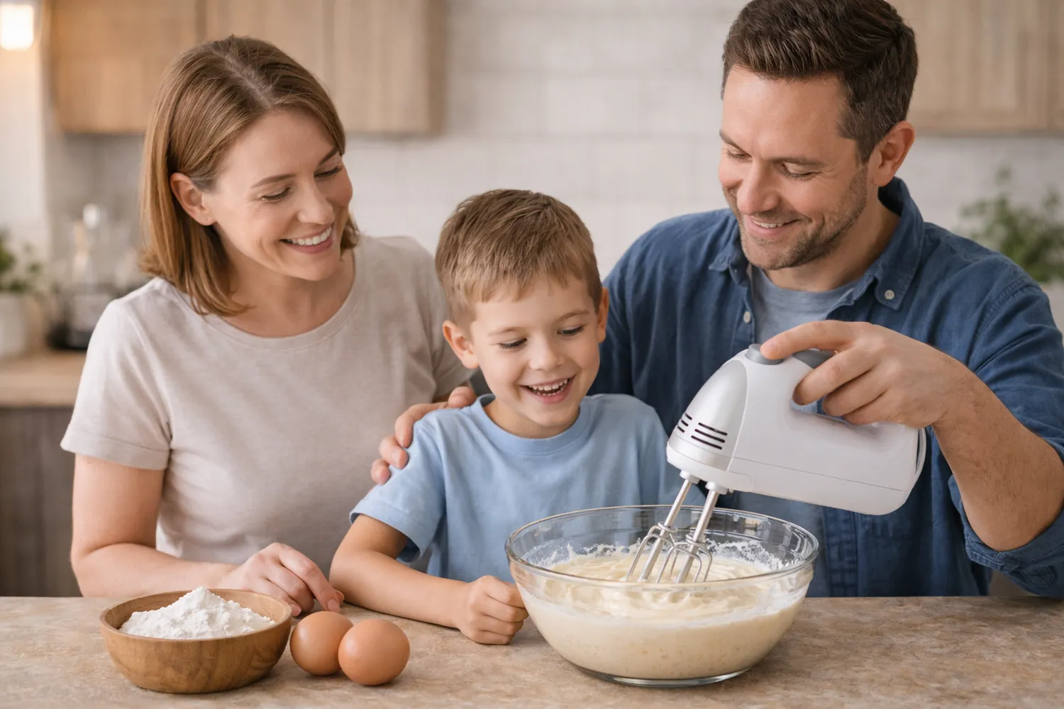 Familie fericită folosind mixer de mână în bucătărie