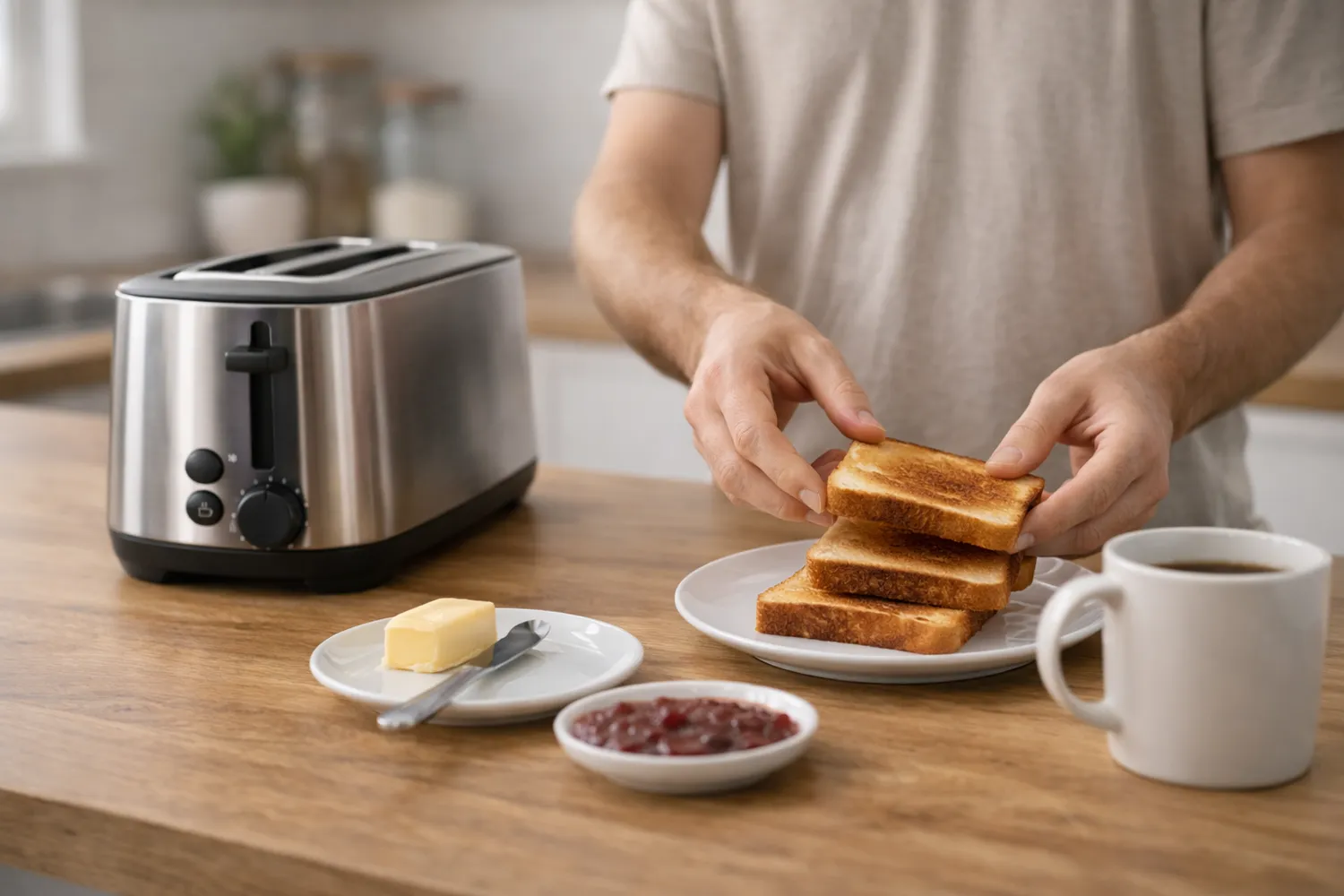 Felii de toast uniform rumenite pe farfurie lângă prăjitorul de pâine