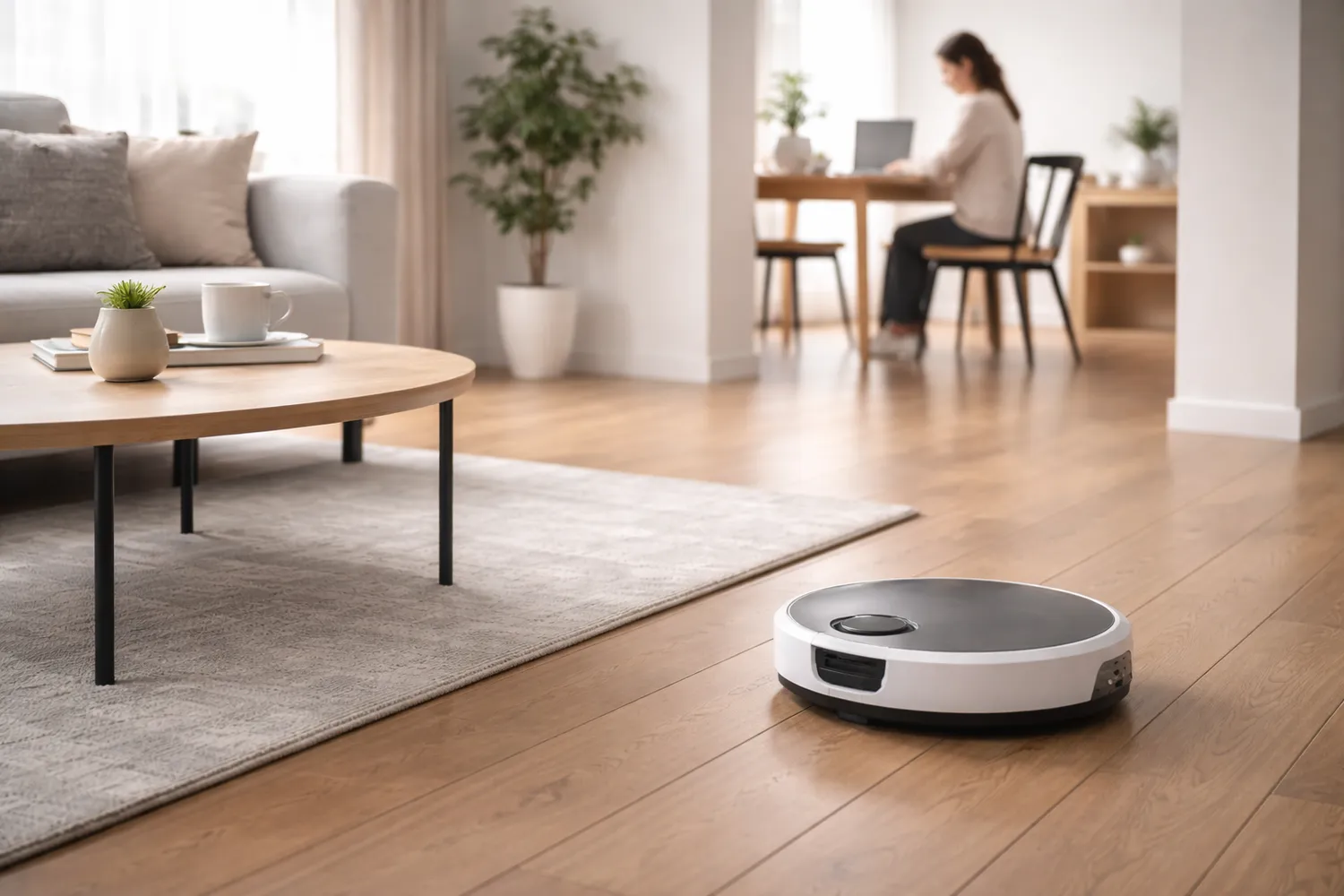 Aspirator robot care face curățenie automat într-un apartament luminos