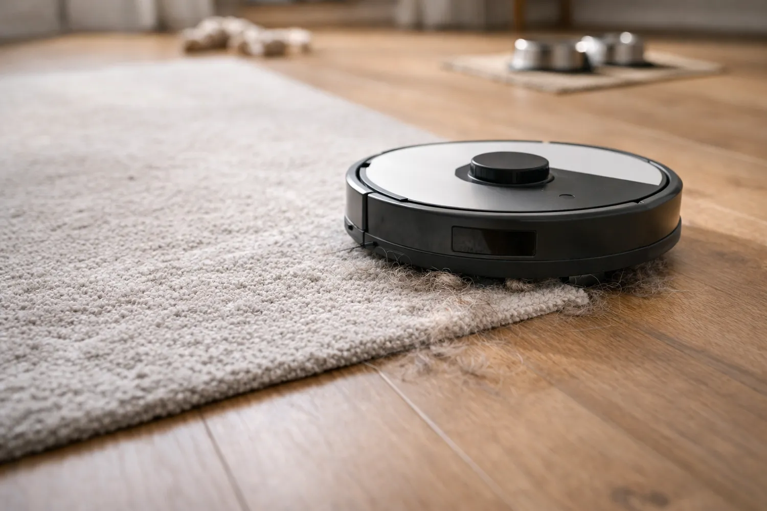 Aspirator robot trecând de pe parchet pe covor într-o locuință cu animale de companie
