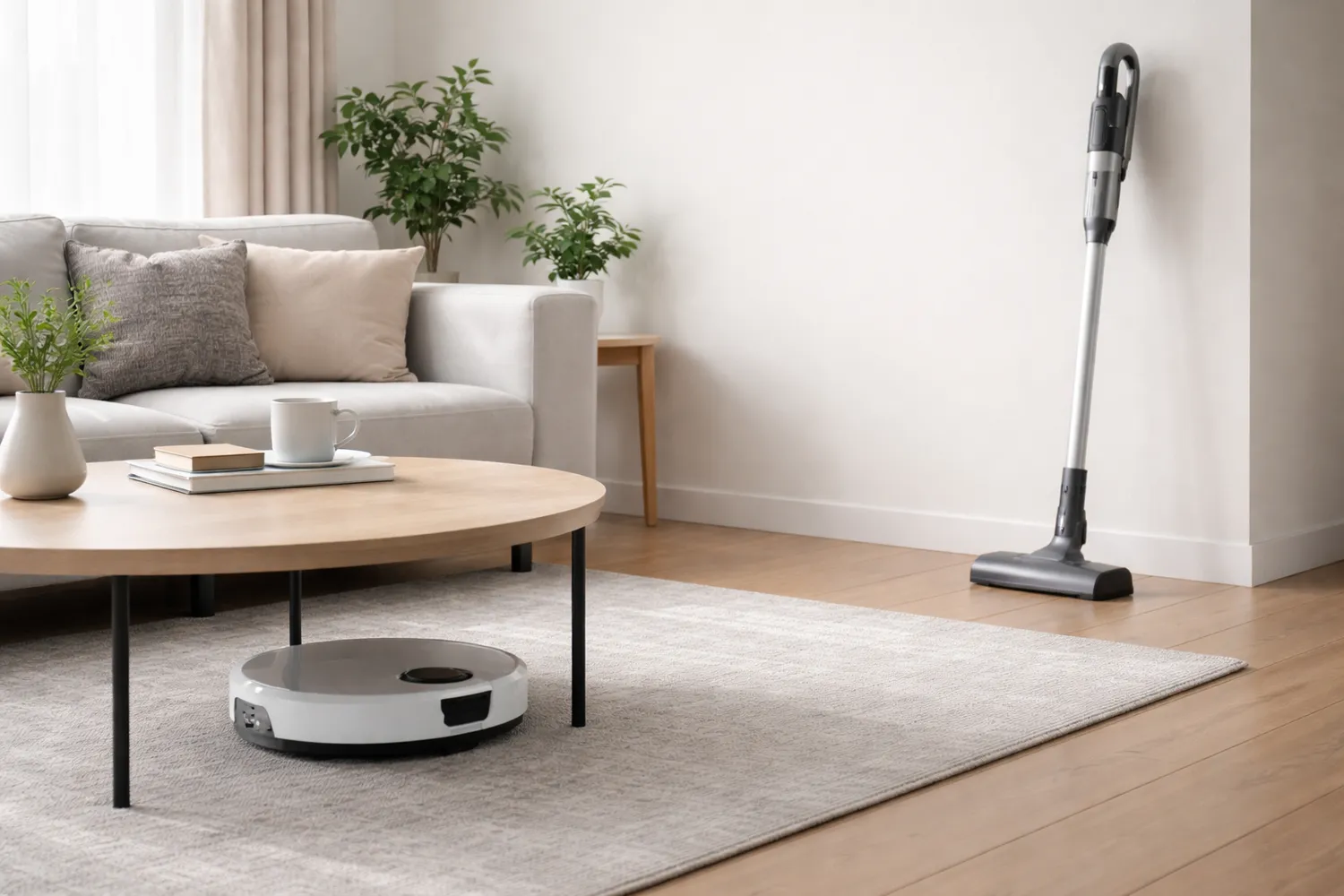 Aspirator robot vs aspirator vertical într-un living modern