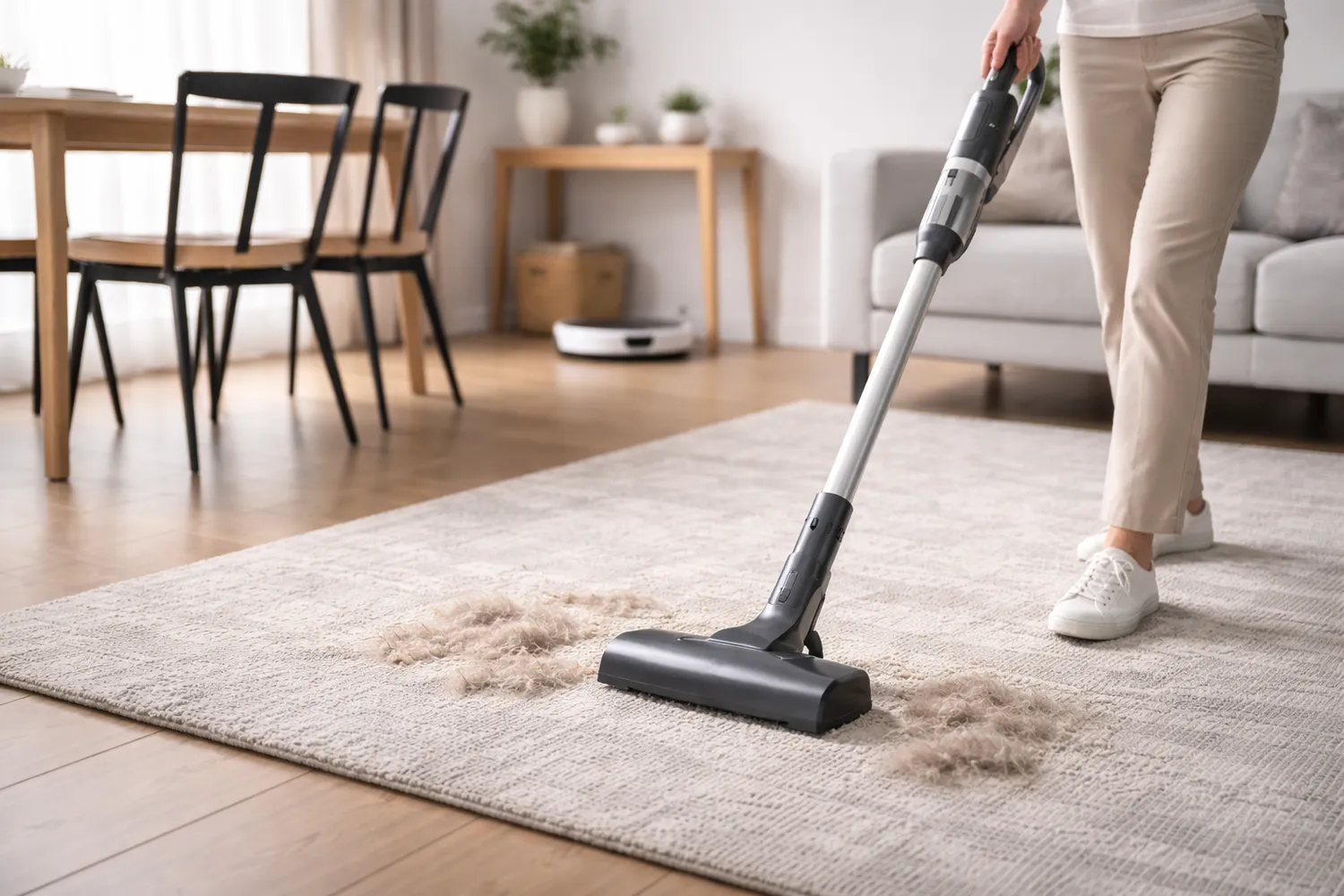 Curățenie zilnică cu robot pe podea și aspirator vertical pe covor
