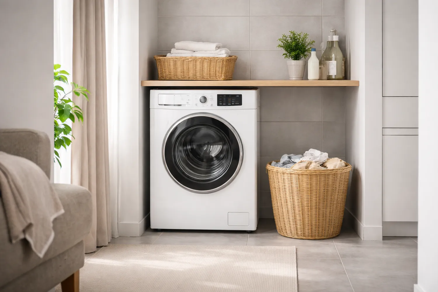 Mașină de spălat cu uscător montată într-un spațiu mic de apartament