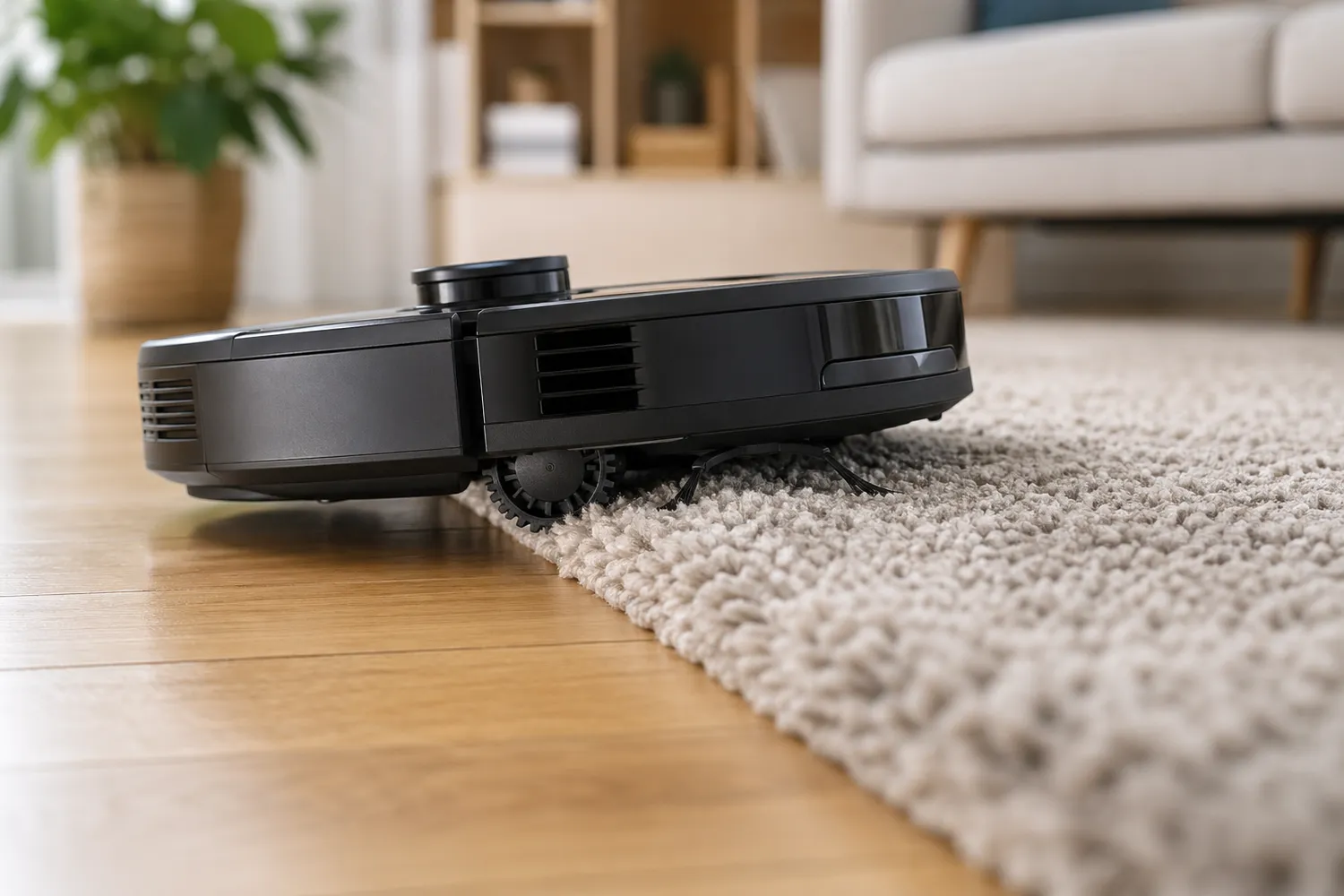 Aspirator robot care urcă de pe podea pe un covor gros